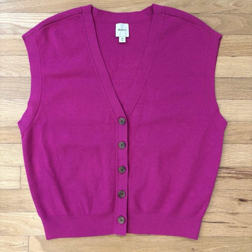Maeve Anthropologie Sweater Vest Fushia Magenta Pink Button Front XS